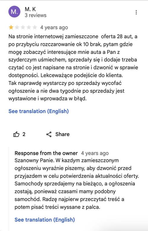 Negatywna opinia w Google wraz z odpowiedzią