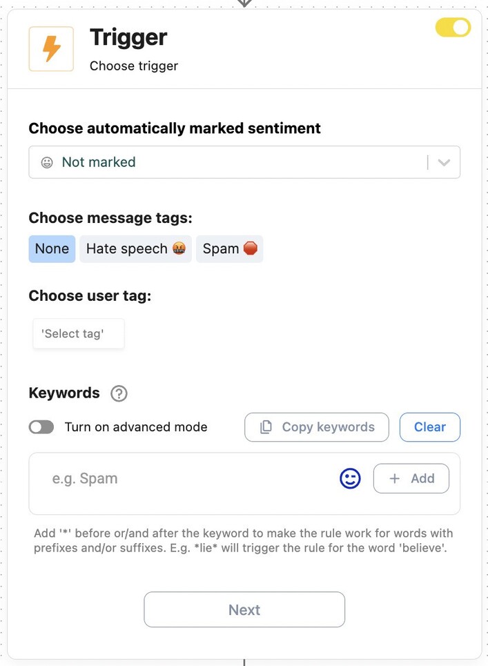 Trigger section inside NapoleonCat's Auto-moderation