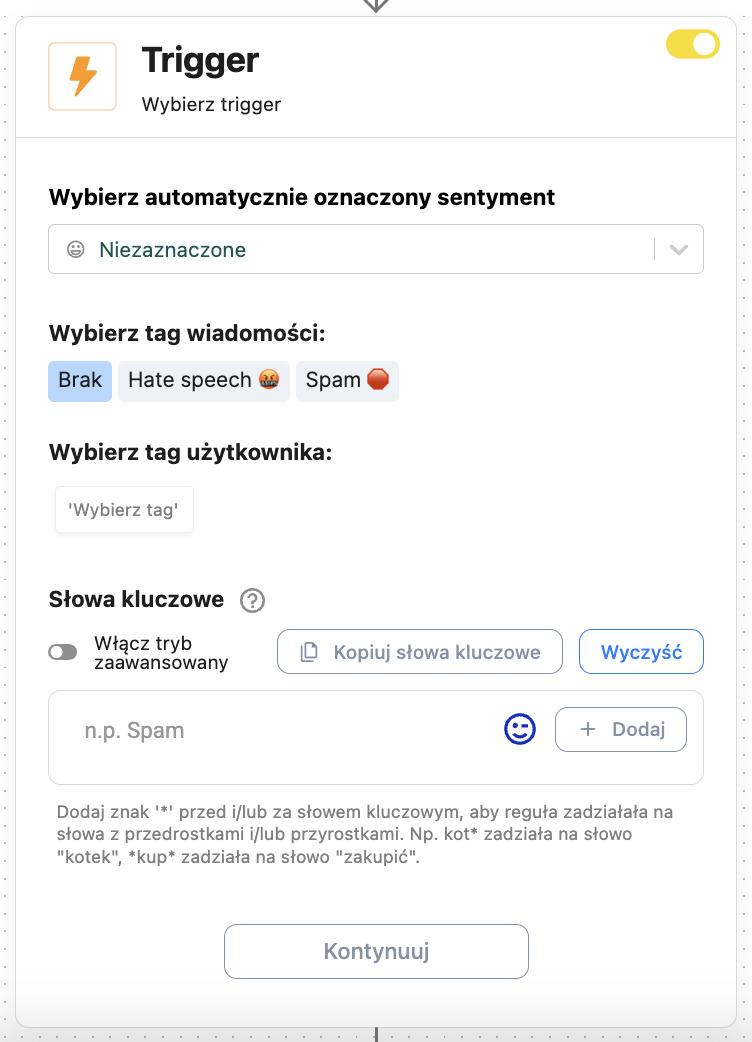 Wybieranie triggerów, które aktywują regułę Auto-moderacji