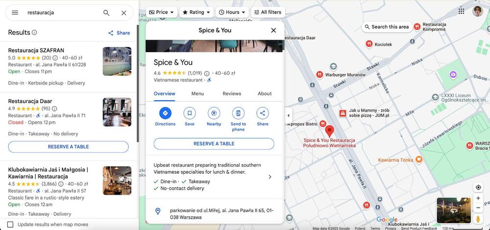 Przykładowa wizytówka w Google wraz z opiniami.