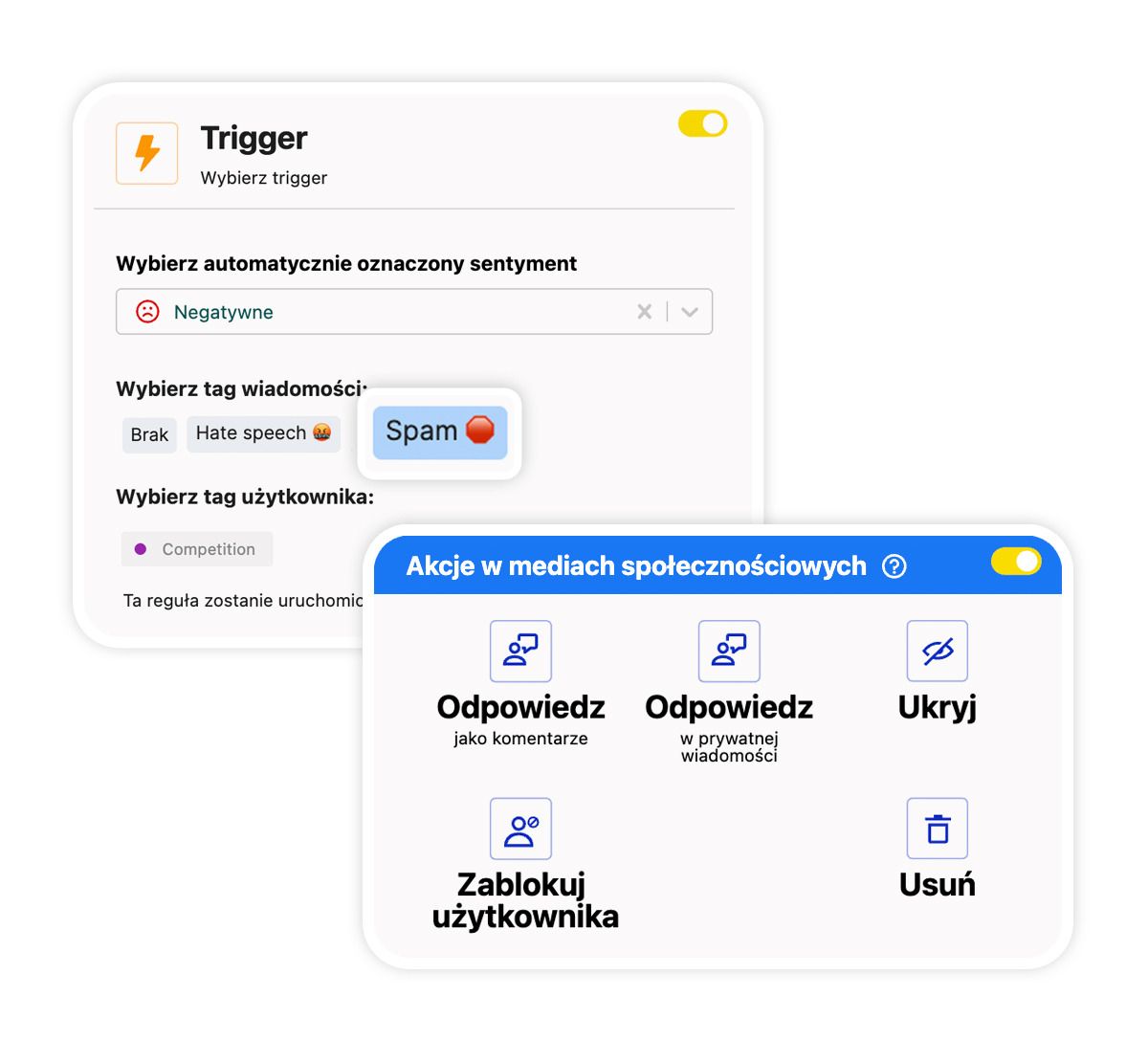 Wybór tagu wiadomości w Auto-moderacji: spam oraz mowa nienawiści.