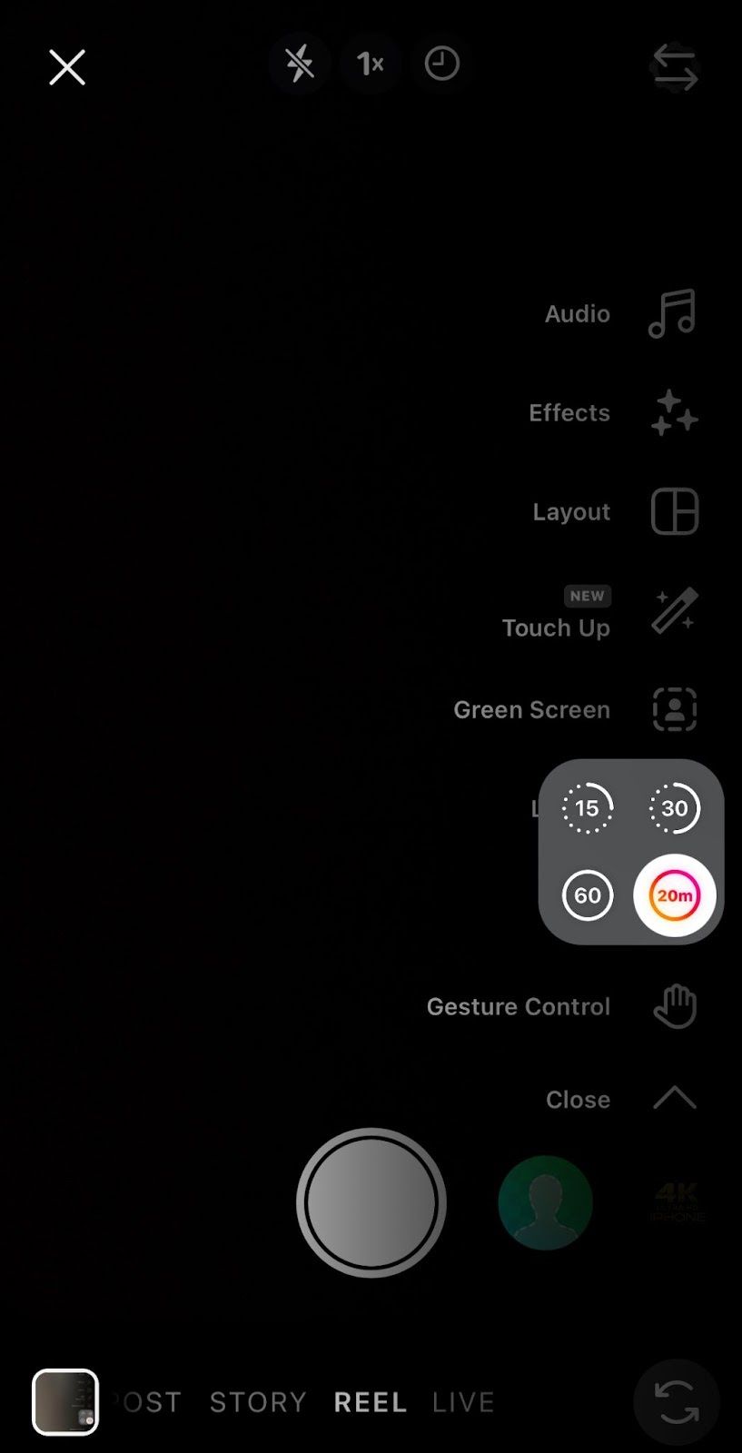 20 minute long reels button visible in the Instagram camera