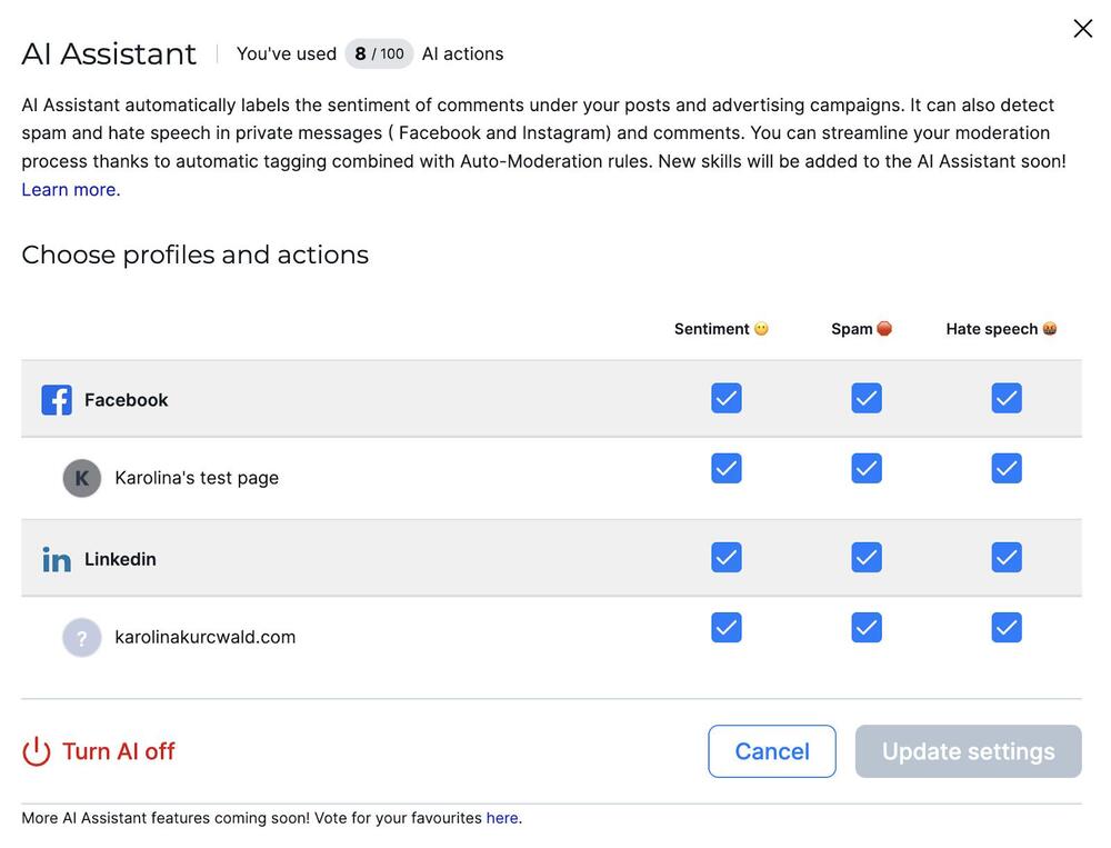 AI assistant settings in NapoleonCat