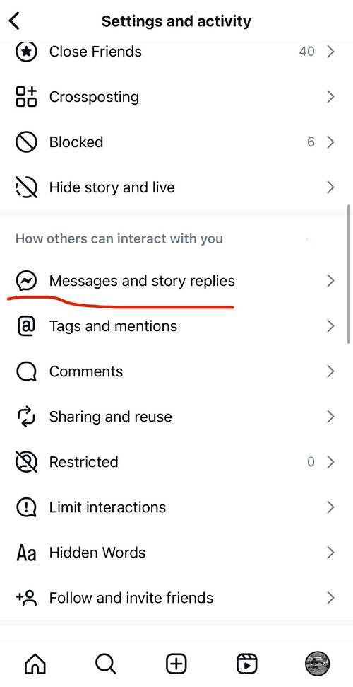 Section "How others can interact with you" inside Instagram's settings panel