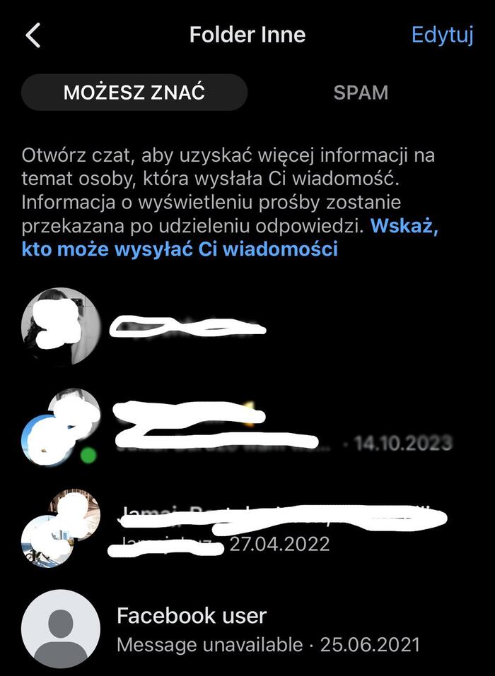 Folder ze spamem na Messengerze.