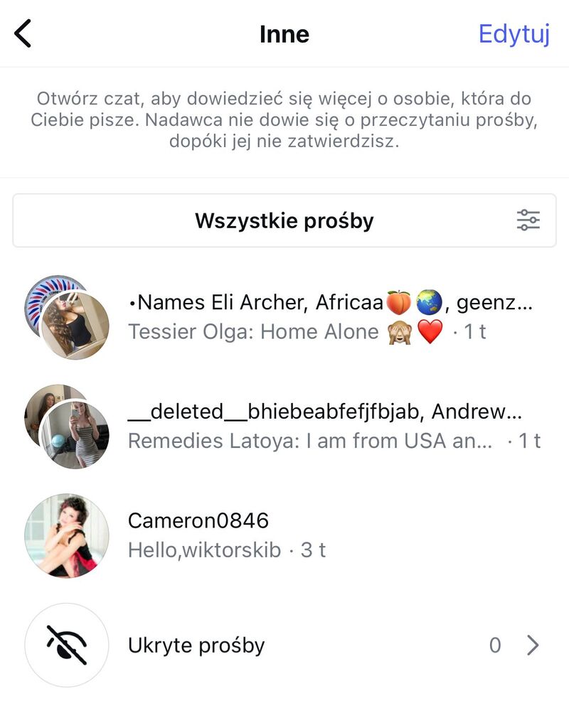 Przykład spamowych wiadomości w DM'ach na Instagramie