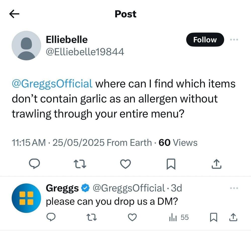Greggs UK's response on X to a potential customer asking about product information, specifically garlic-free foods.