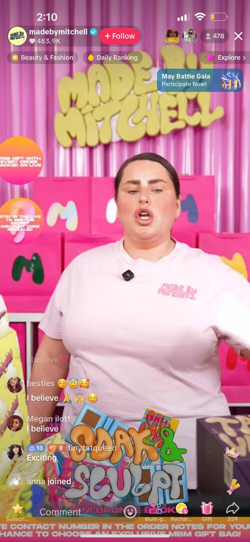 Example of a livestream on TikTok hosted by Made by Mitchell company.