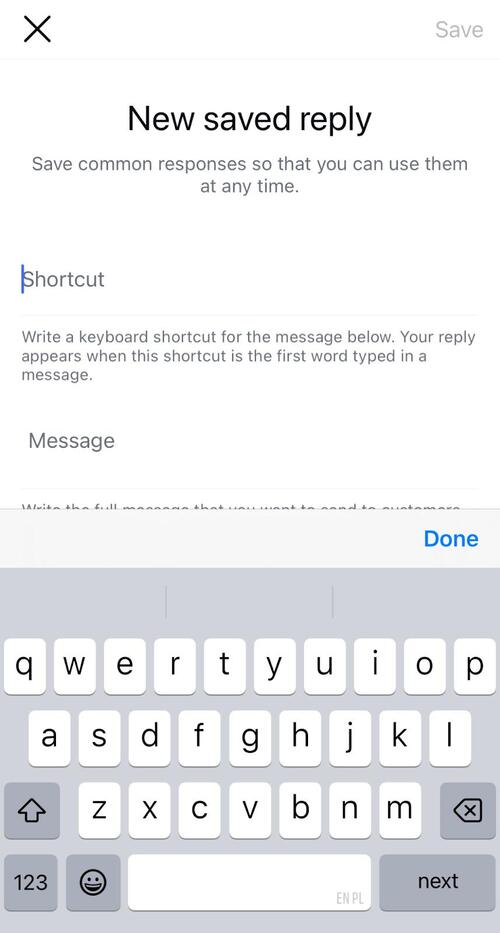 Typing a new saved reply on Instagram