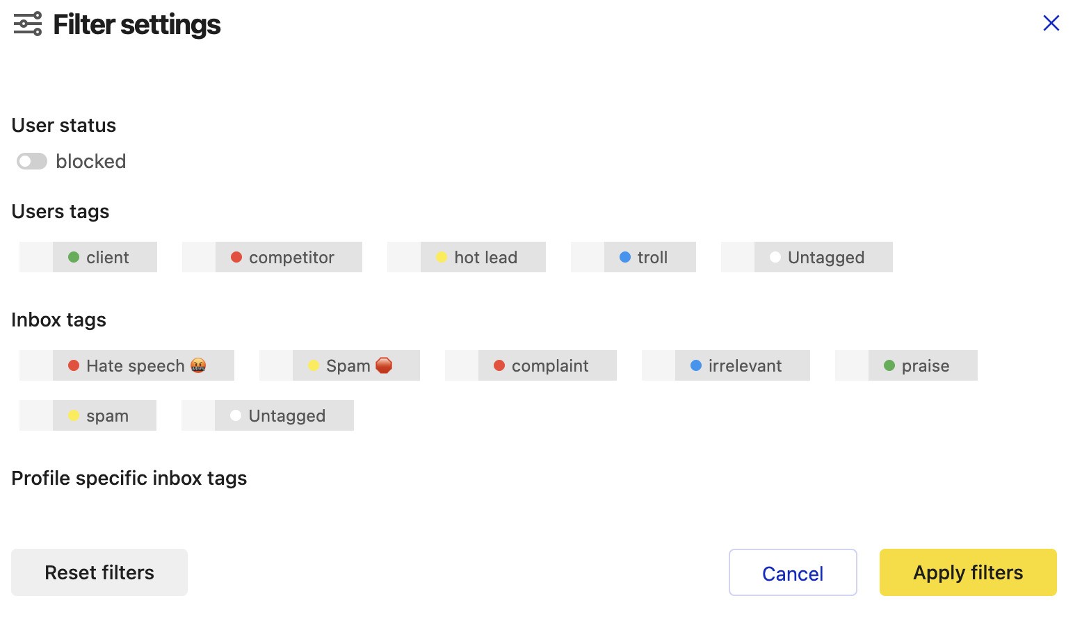 Filter settings in the Social Inbox