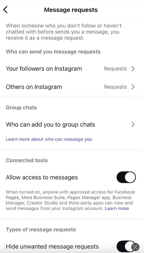 Message request settings on Instagram