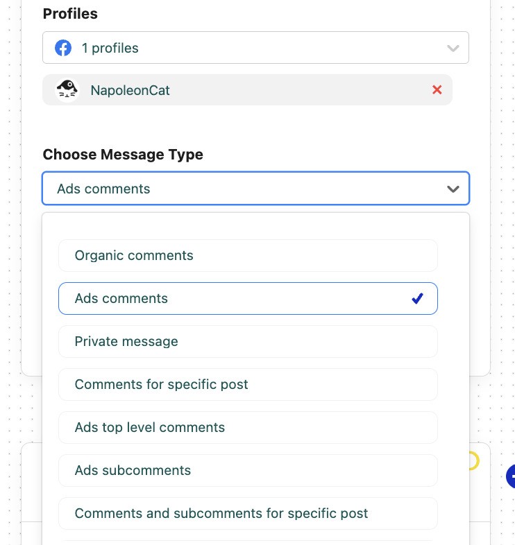 Selecting ads comments as a message type on Facebook