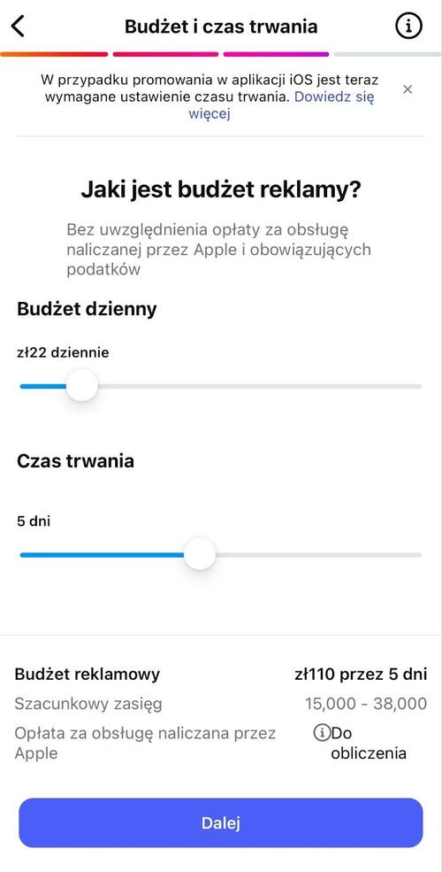 Konfigurowanie reklamy na Instagramie - określanie budżetu i czasu trwania.