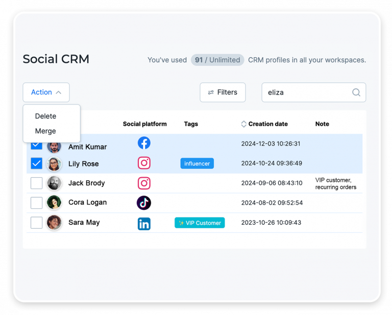 Social CRM profile with a LinkedIn commenter's full interaction history in NapoleonCat