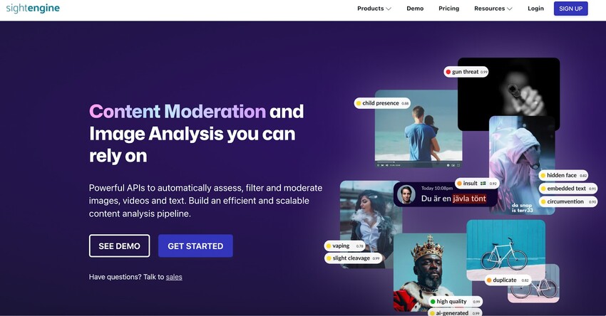 Sightengine content moderation tool - website view.