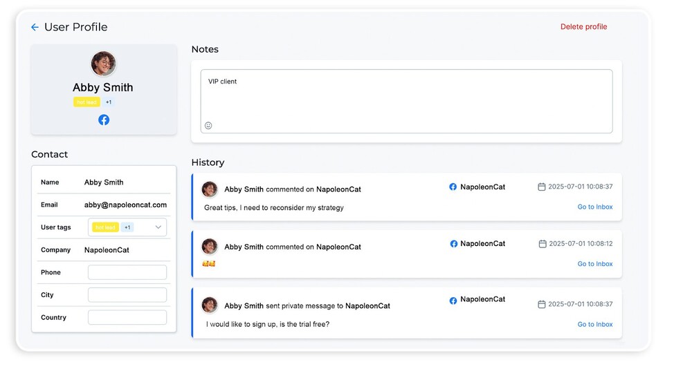 Dane klienta widoczne w Social CRM NapoleonCat.
