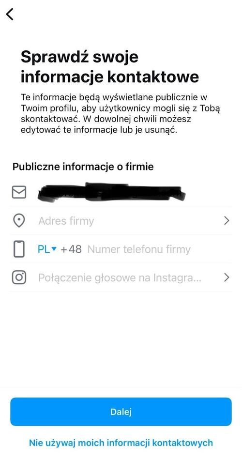 Weryfikacja informacji kontaktowych konta profesjonalnego na Instagramie.