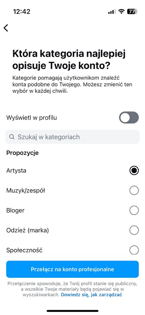 Wybieranie kategorii konta profesjonalnego