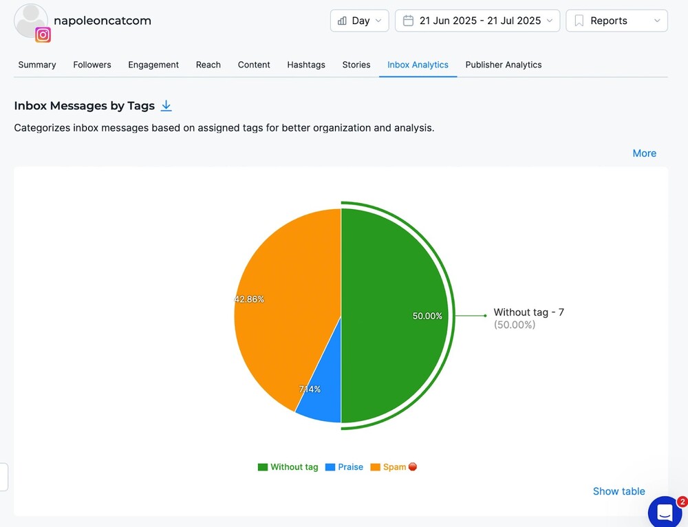 Inbox analytics in NapoleonCat - Inbox messages by tags chart.