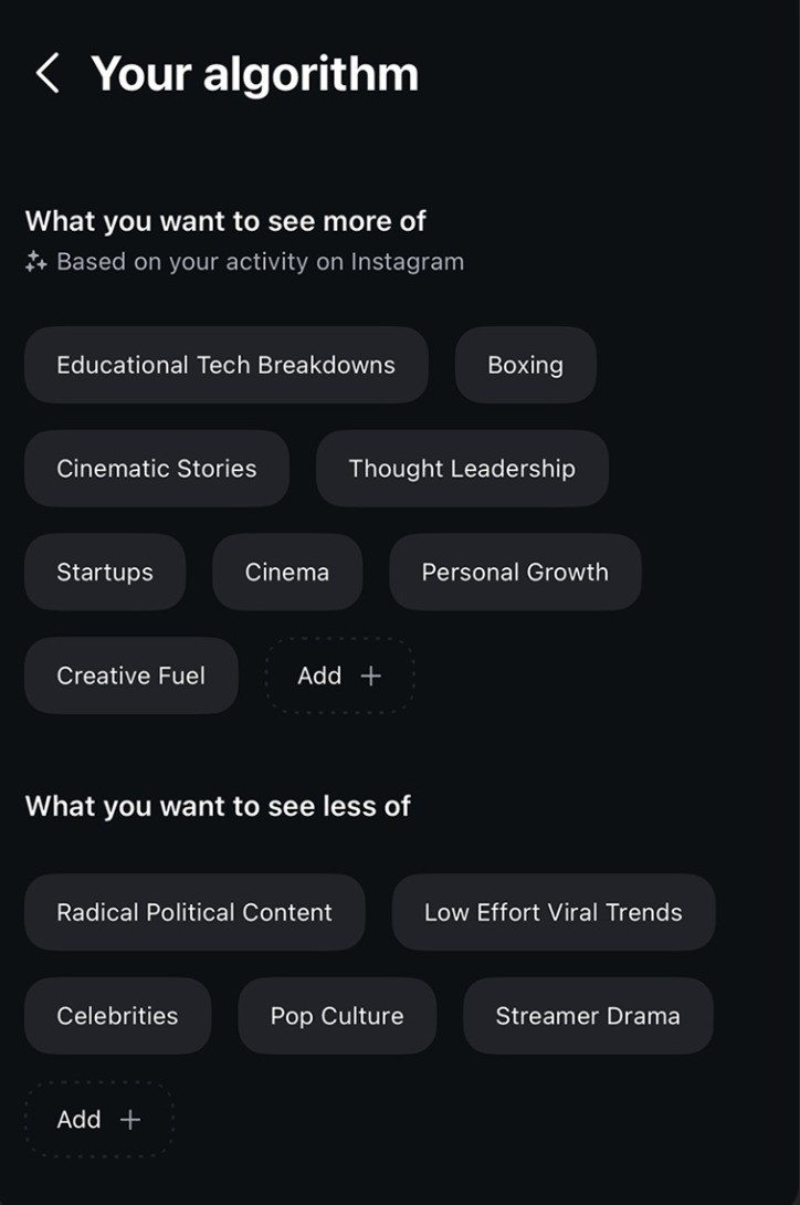 Your algorithm page in Instagram reels tab
