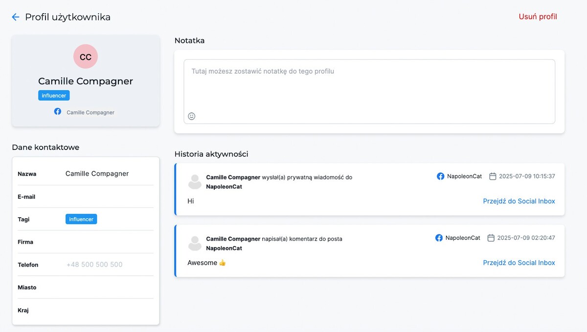 Podgląd profilu w Social CRM