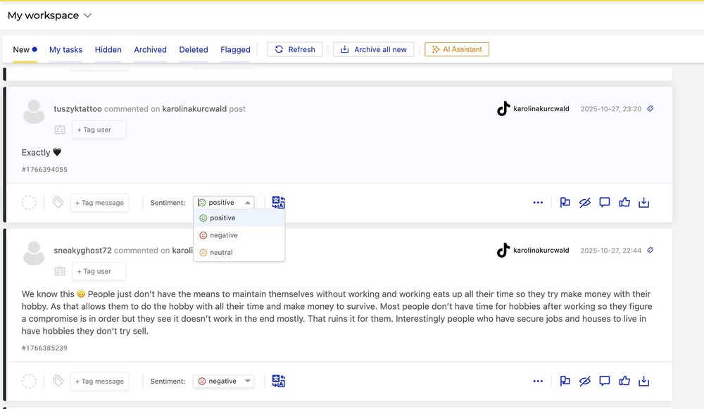 Assigning comment sentiment in the Social Inbox