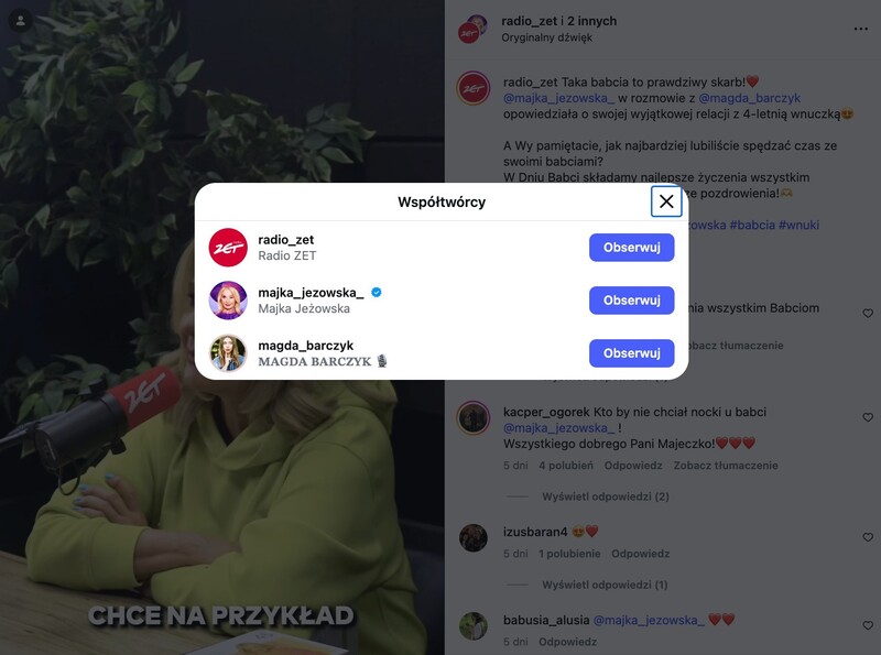 Współtwórcy posta na Instagramie