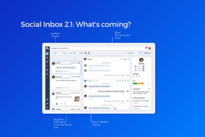 Screenshot of NapoleonCat's Social Inbox 2.1 interface showing the new Conversation View, Unified Filters, Full DM History, and Reply to Instagram Comments via DM features