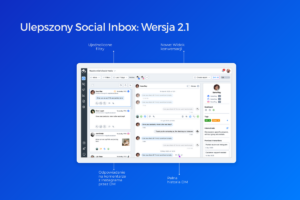  Zrzut ekranu Social Inbox 2.1 z widokiem konwersacji, pełną historią DM, opcją odpowiadania na komentarze z Instagrama przez DM i ujednoliconymi filtrami