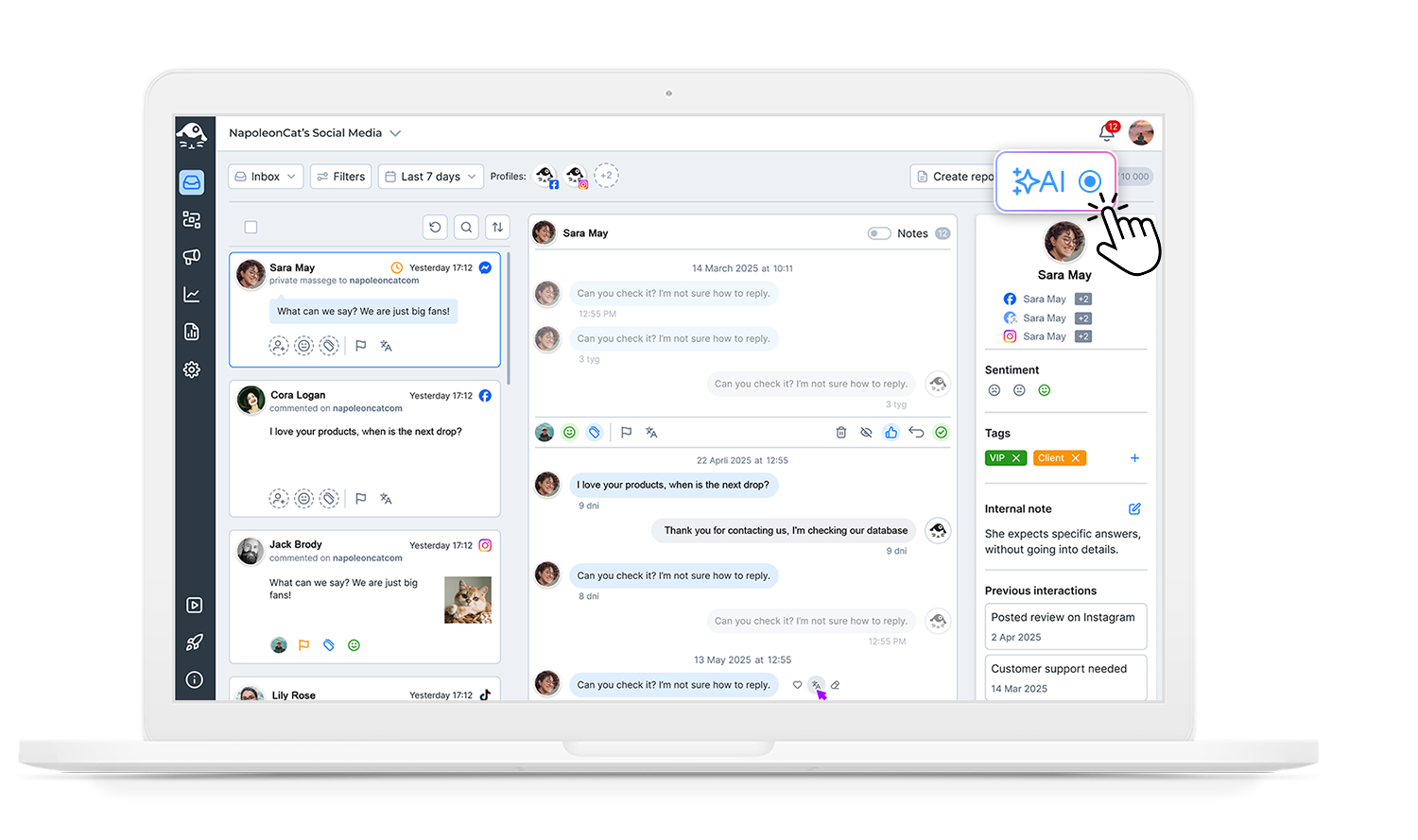 NapoleonCat Social Inbox with AI assistant helping generate replies to social media comments and messages across platforms like Facebook and Instagram.