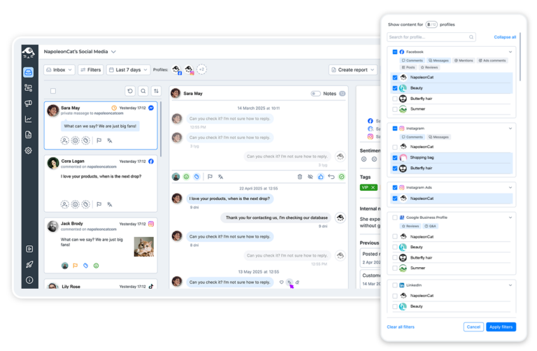 Panel Social Inbox w NapoleonCat pokazujący wiadomości, komentarze i opinie z Facebooka, Instagrama, Google Business Profile i LinkedIna w jednej skrzynce odbiorczej z filtrowaniem profili.