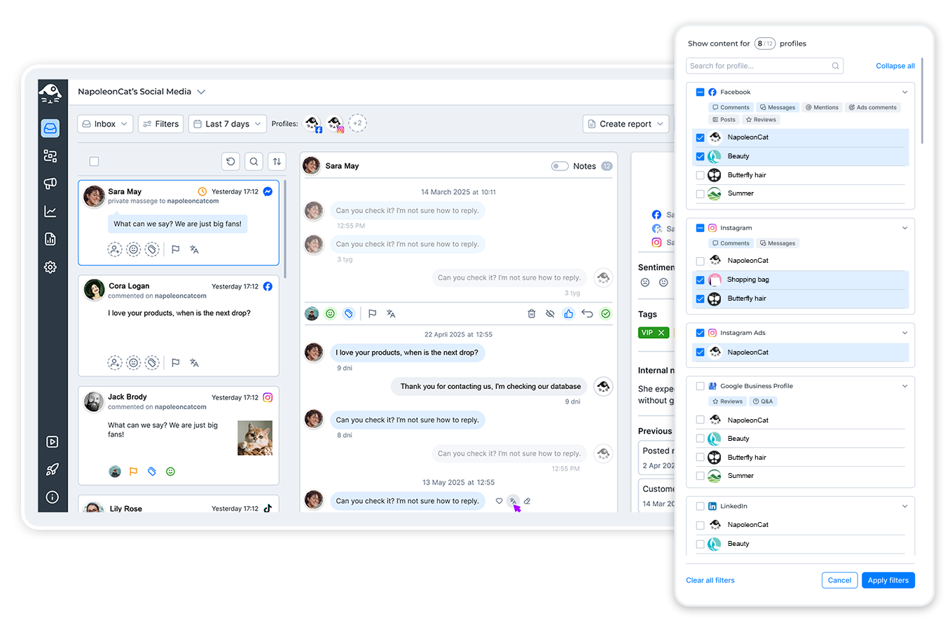 Panel Social Inbox w NapoleonCat pokazujący wiadomości, komentarze i opinie z Facebooka, Instagrama, Google Business Profile i LinkedIna w jednej skrzynce odbiorczej z filtrowaniem profili.