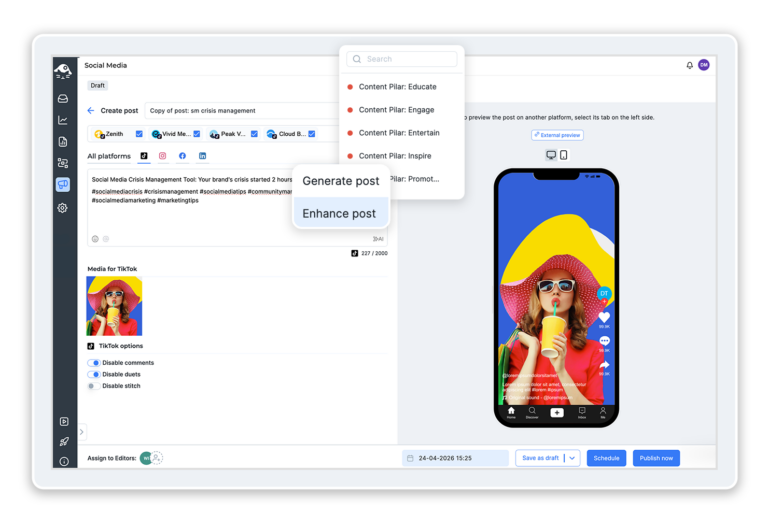Scheduling a TikTok video to several accounts in NapoleonCat Publisher
