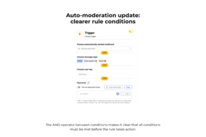 NapoleonCat Auto-moderation rule builder showing four conditions, sentiment, message tags, user tag and keywords, each separated by a yellow "AND" label.