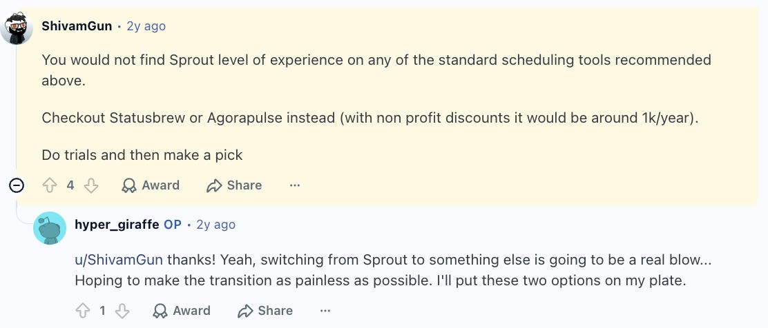 Agorapulse review on Reddit quoting a nonprofit discount of around 1,000 dollars a year
