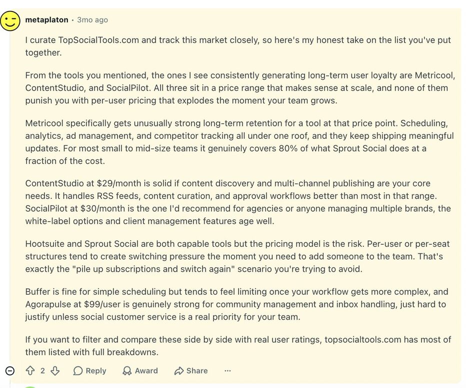 Buffer Reddit reviews: a tool-review site owner disclosing commercial interest before recommending tools