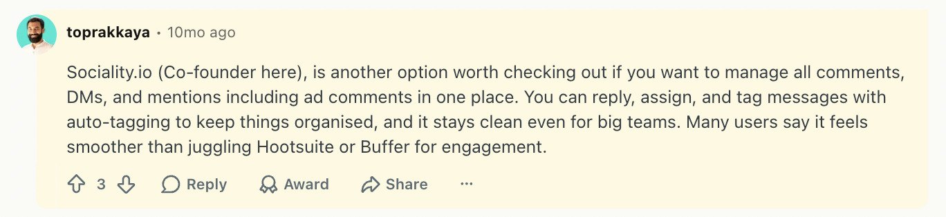 Buffer reviews on Reddit: a rival tool co-founder disclosing their interest in a Hootsuite versus Buffer thread