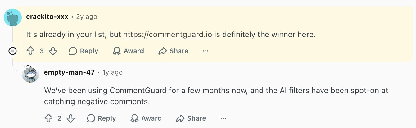 Reddit comment recommending CommentGuard as the winner without disclosing the poster founded it