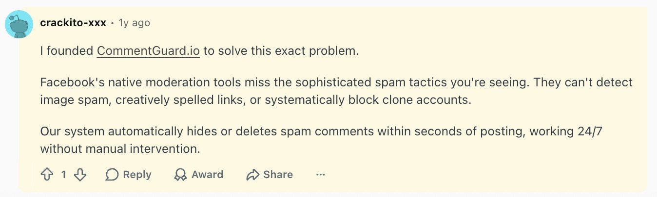 Reddit comment where the CommentGuard founder discloses that he founded the tool