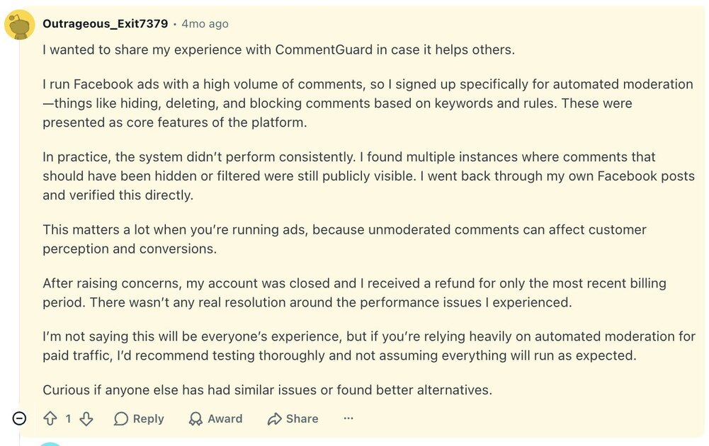 Reddit comment reporting CommentGuard comments that should have been hidden were still publicly visible