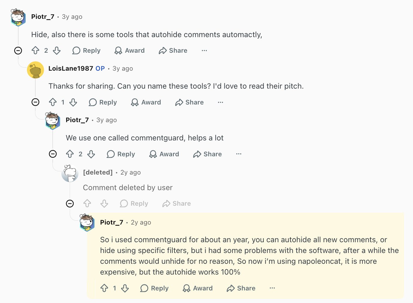 Reddit comment telling the CommentGuard founder that comments unhid themselves by the thousand and the user switched to NapoleonCat