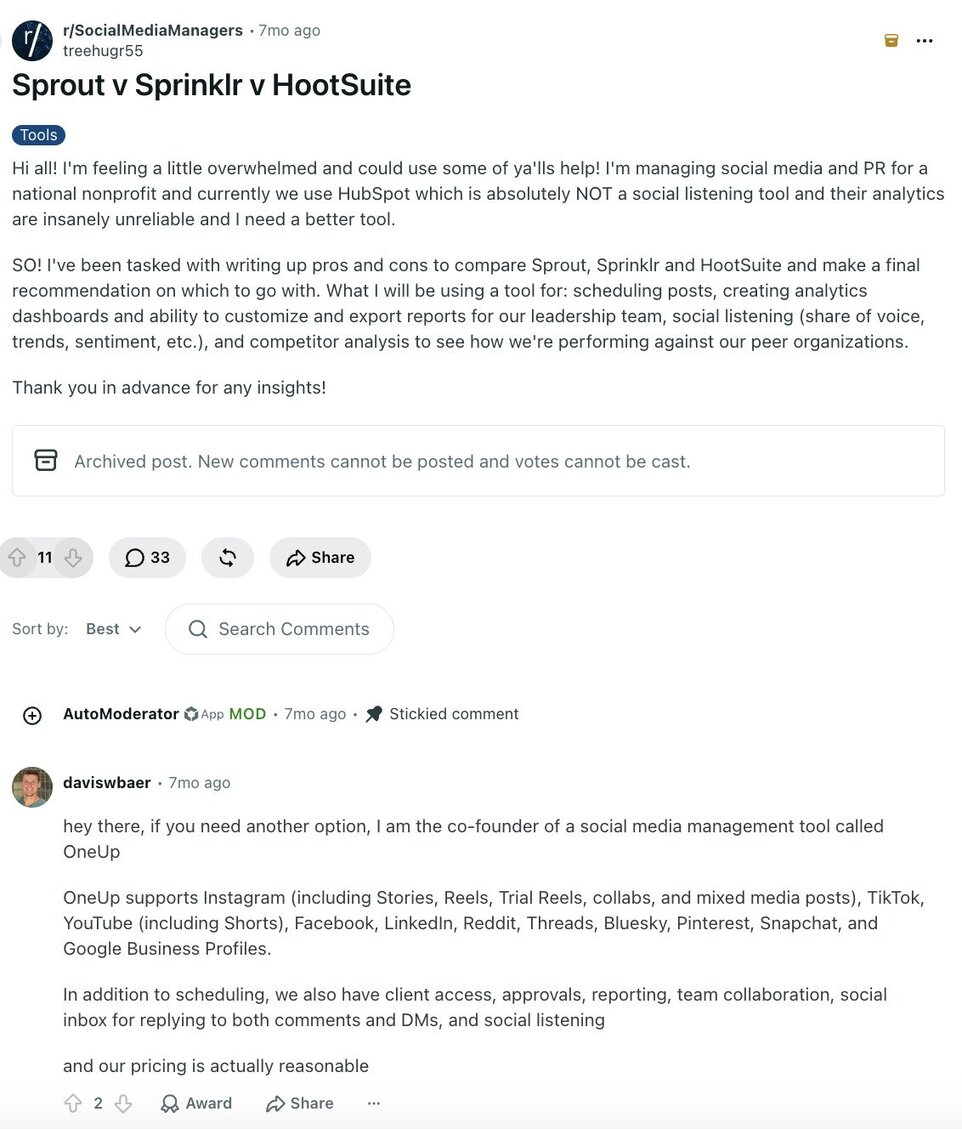 Hootsuite vs Sprout Social discussion on Reddit where most replies come from competing vendors