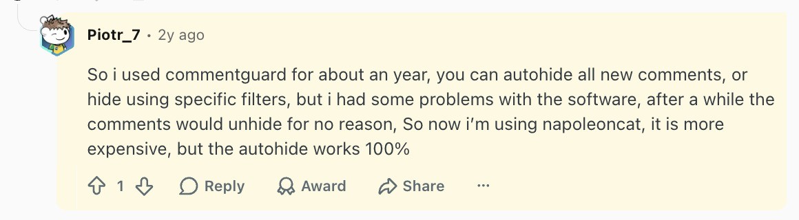 Reddit comment saying CommentGuard comments would unhide for no reason and the autohide works in NapoleonCat