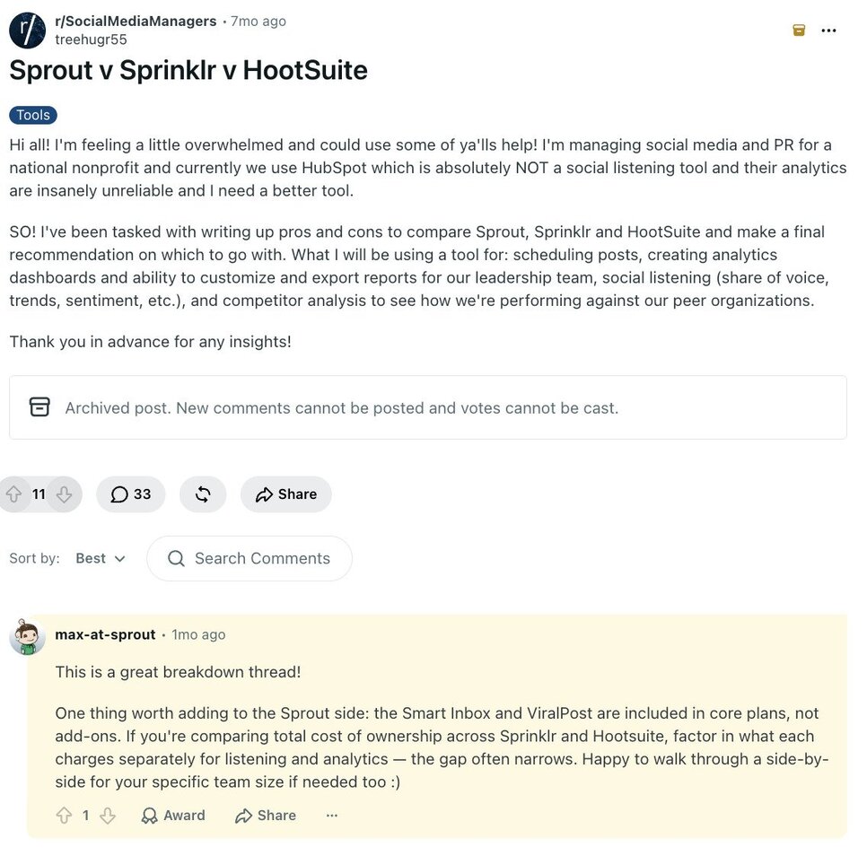 Reddit comment about Sprout Social posted by an account named max-at-sprout