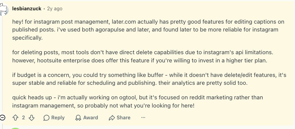 Reddit comment comparing Agorapulse and Later for Instagram post management