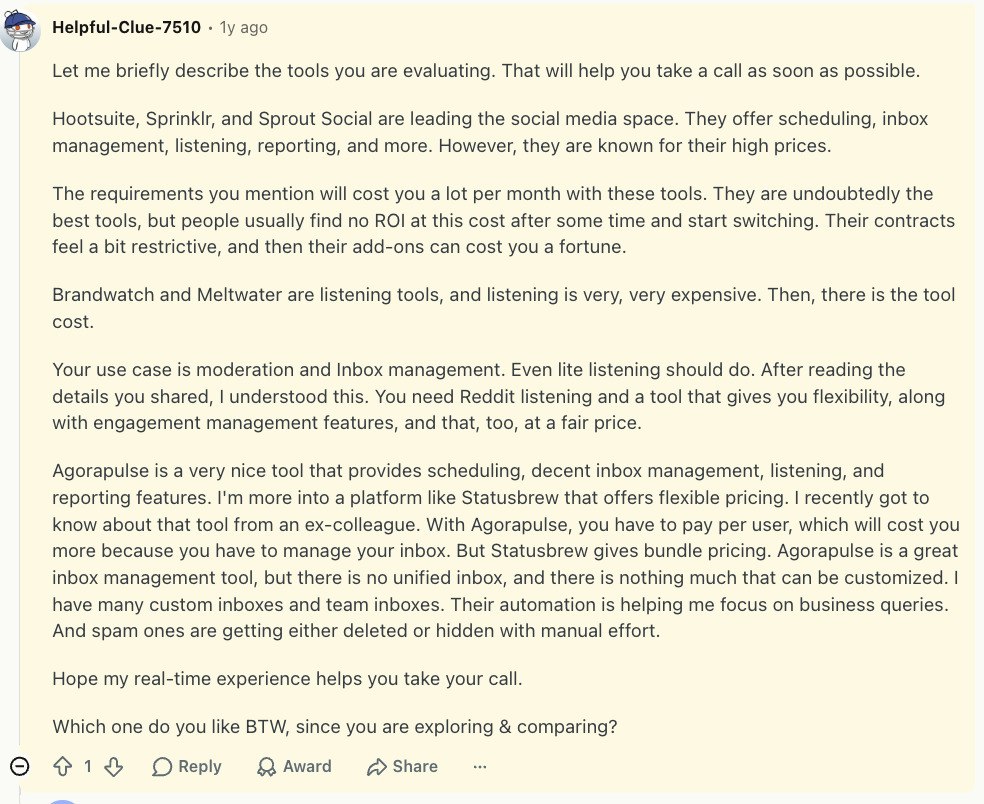 Reddit comment comparing Agorapulse and the larger social media management platforms on price