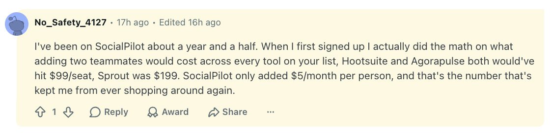 Reddit comment comparing per-seat cost of Hootsuite and Sprout Social for a small team