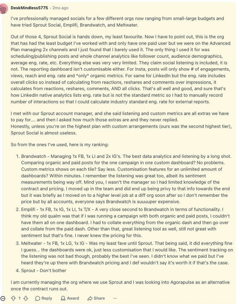 Reddit comment from a social media manager comparing Agorapulse with other social media tools