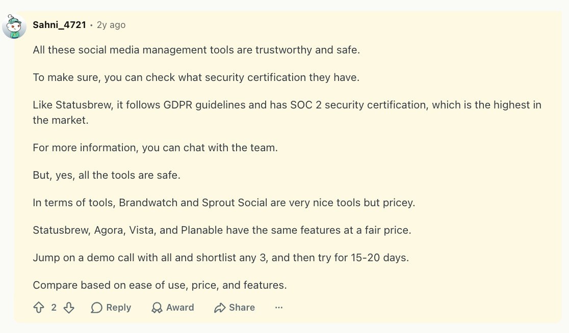 Reddit comment recommending Statusbrew alongside Agorapulse from a single-tool account
