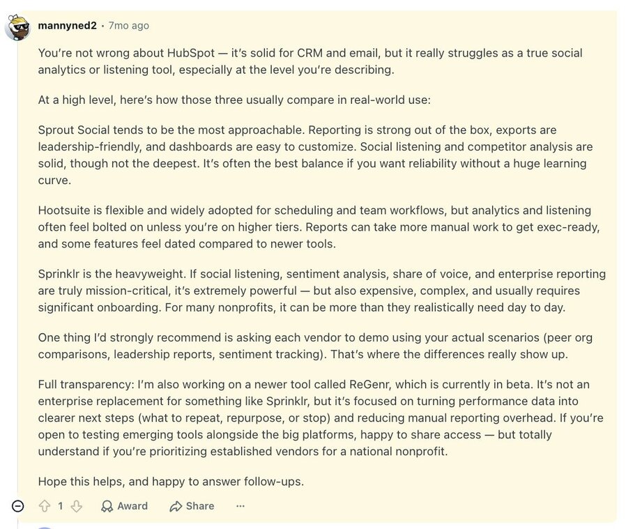 Reddit comparison of Sprout Social, Sprinklr and Hootsuite from a social media manager